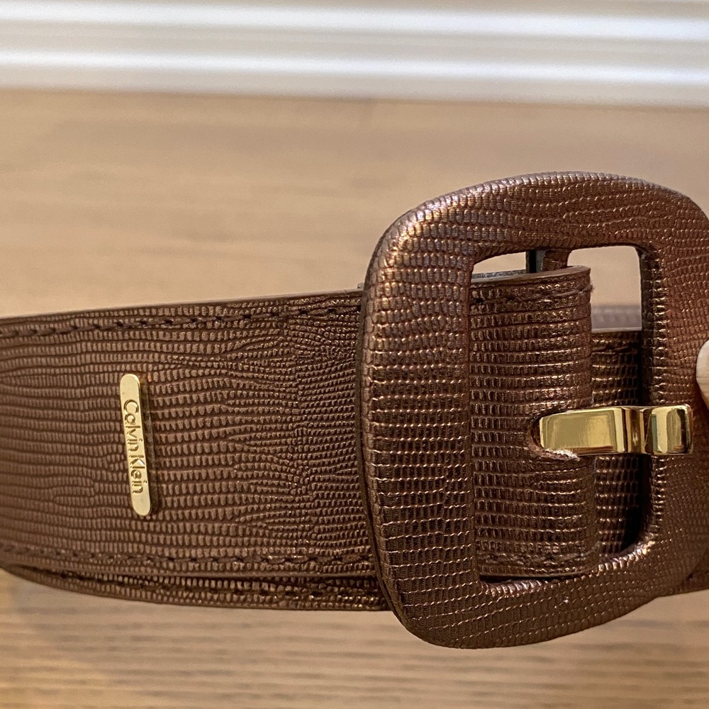 Calvin Klein Metallic Rose Gold Leather Belt with Gold Accents